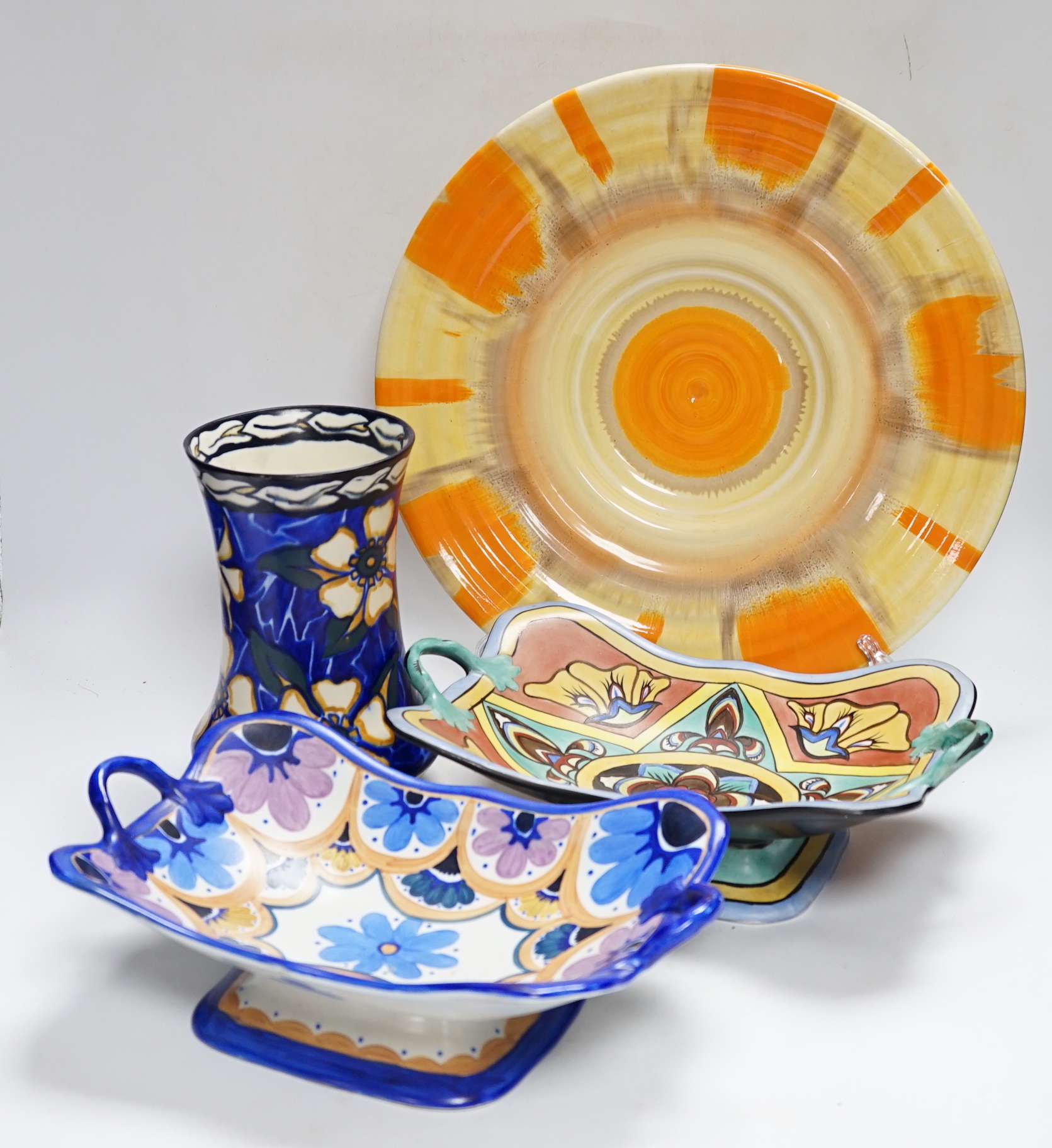 Art Deco ceramics, including two Carltonware dishes, a Shelley plate, and a vase, plate 36cm diameter